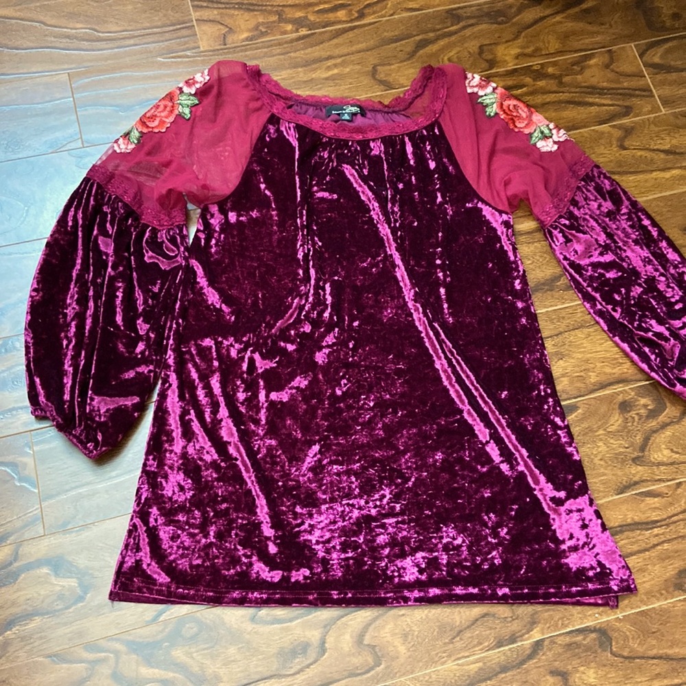 NWOT Beautiful wine coloured velvet top with embroidered flowers- size M